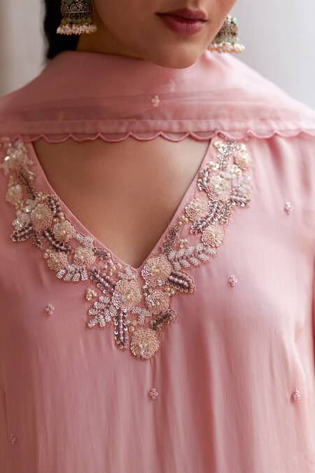 Buy_Label Rsd_Peach Satin, Georgette, Organza, Silk Floral Hand Embroidered Kurta Palazzo Set_Online_at_Aza_Fashions