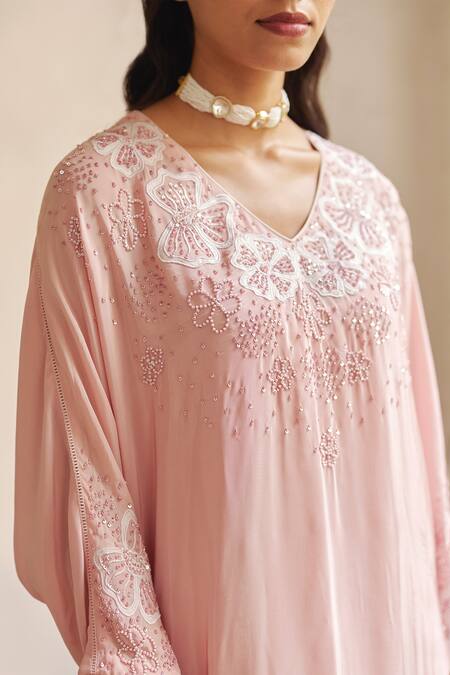 Label Rsd Pink V-neck Floral Hand Embroidered Kaftan Set Online at Aza Fashions Label Rsd_Pink V-neck Floral Hand Embroidered Kaftan Set_Online_at_Aza_Fashions