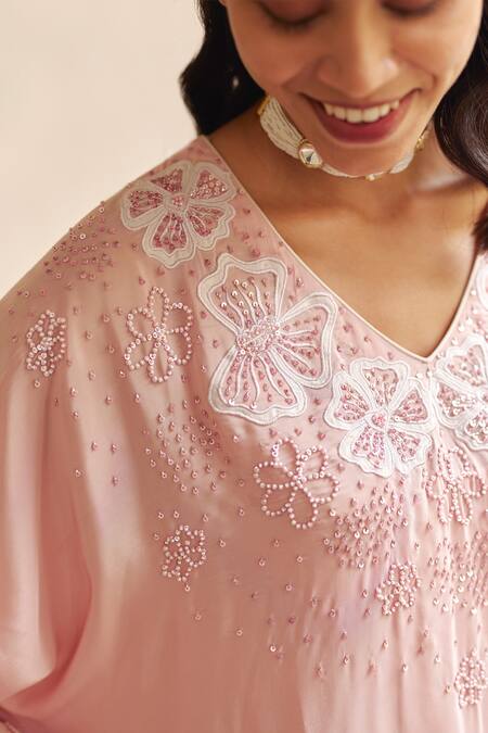 Buy Label Rsd Pink V-neck Floral Hand Embroidered Kaftan Set Online at Aza Fashions Buy_Label Rsd_Pink V-neck Floral Hand Embroidered Kaftan Set_Online_at_Aza_Fashions