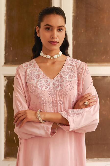 Shop Label Rsd Pink V-neck Floral Hand Embroidered Kaftan Set Online at Aza Fashions Shop_Label Rsd_Pink V-neck Floral Hand Embroidered Kaftan Set_Online_at_Aza_Fashions