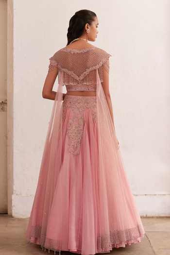Shop Label Rsd Pink Silk, Organza Pearls, Sequins, Tassels, Floral Hand Lehenaga With Blouse at Aza Fashions Shop_Label Rsd_Pink Silk, Organza Pearls, Sequins, Tassels, Floral Hand Lehenaga With Blouse_at_Aza_Fashions