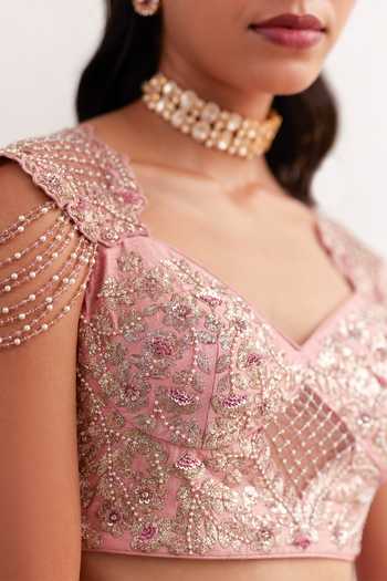 Buy Label Rsd Pink Silk, Organza Pearls, Sequins, Tassels, Floral Hand Lehenaga With Blouse Online at Aza Fashions Buy_Label Rsd_Pink Silk, Organza Pearls, Sequins, Tassels, Floral Hand Lehenaga With Blouse_Online_at_Aza_Fashions