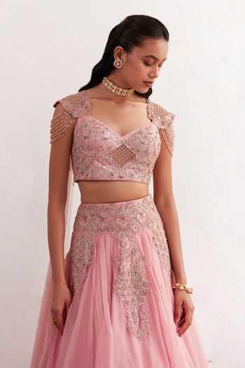 Shop Label Rsd Pink Silk, Organza Pearls, Sequins, Tassels, Floral Hand Lehenaga With Blouse Online at Aza Fashions Shop_Label Rsd_Pink Silk, Organza Pearls, Sequins, Tassels, Floral Hand Lehenaga With Blouse_Online_at_Aza_Fashions