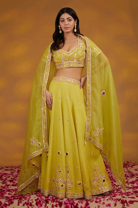 House Of Supriya_Yellow Silk, Georgette, Organza Mirrors, Embroidery Blouse Lehenga Set _Online_at_Aza_Fashions
