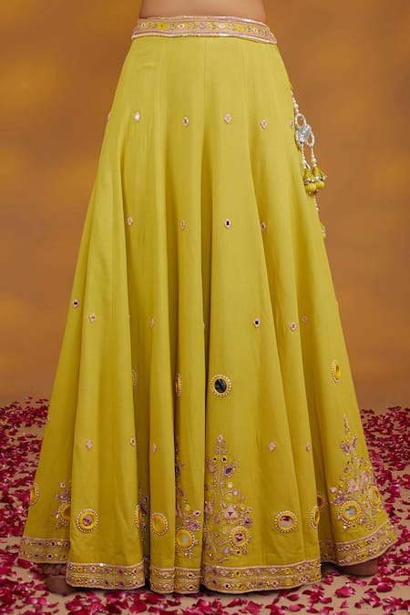 Buy_House Of Supriya_Yellow Silk, Georgette, Organza Mirrors, Embroidery Blouse Lehenga Set _Online_at_Aza_Fashions