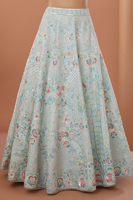 Buy_House Of Supriya_Blue , Organza Embroidery, Beads V-neck Raw Hand Lehenga Set _Online_at_Aza_Fashions