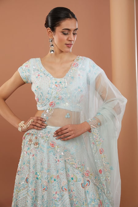 Shop_House Of Supriya_Blue , Organza Embroidery, Beads V-neck Raw Hand Lehenga Set _Online_at_Aza_Fashions