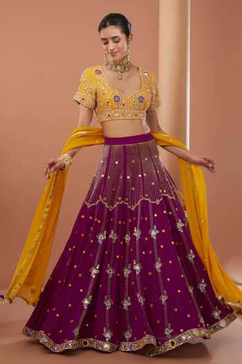 House Of Supriya_Maroon Silk, Georgette Embroidery, Mirrors Sweetheart Hand Blouse Lehenga Set _Online_at_Aza_Fashions