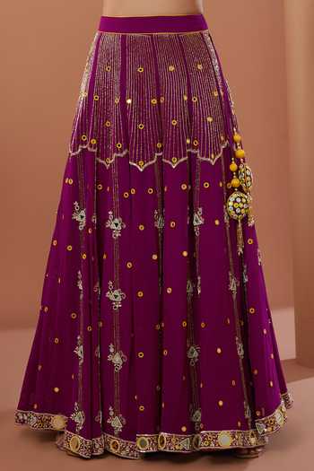 Buy_House Of Supriya_Maroon Silk, Georgette Embroidery, Mirrors Sweetheart Hand Blouse Lehenga Set _Online_at_Aza_Fashions