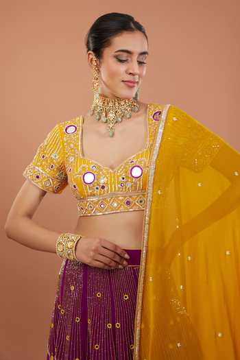 Shop_House Of Supriya_Maroon Silk, Georgette Embroidery, Mirrors Sweetheart Hand Blouse Lehenga Set _Online_at_Aza_Fashions