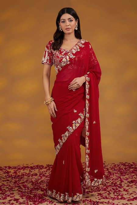 HOUSE OF SUPRIYA Floral Border Embroidered Saree With Blouse 