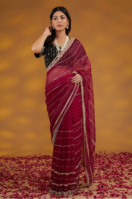 House Of Supriya_Maroon Organza, Silk Mirrors, Embroidery Scoop Neck Linear Saree With Blouse _Online_at_Aza_Fashions