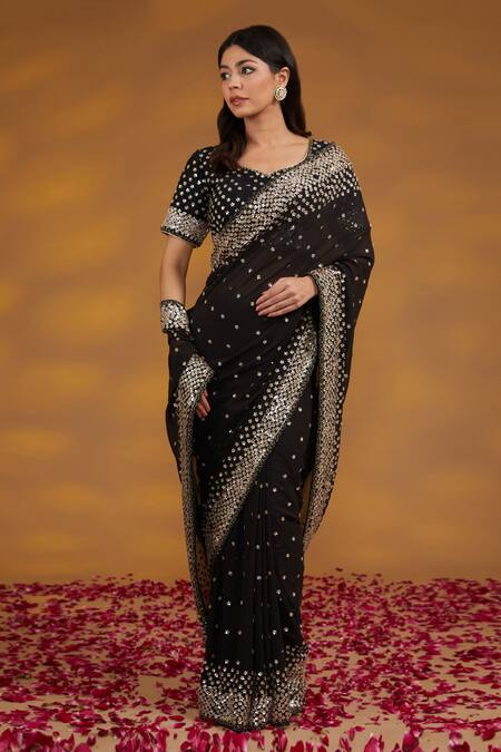House Of Supriya_Black Silk, Georgette Sequins Asymmetric Floral Embroidered Saree With Blouse _Online_at_Aza_Fashions
