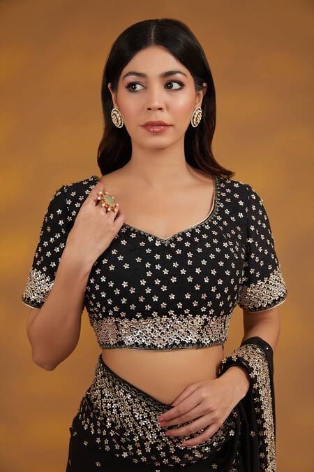Shop_House Of Supriya_Black Silk, Georgette Sequins Asymmetric Floral Embroidered Saree With Blouse _Online_at_Aza_Fashions