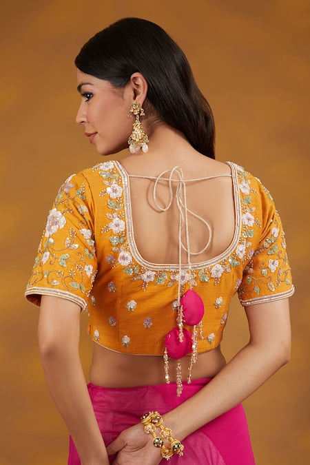 House Of Supriya_Pink Silk, Georgette Tassels, Embroidery Round Neck Floral Saree With Blouse _Online_at_Aza_Fashions