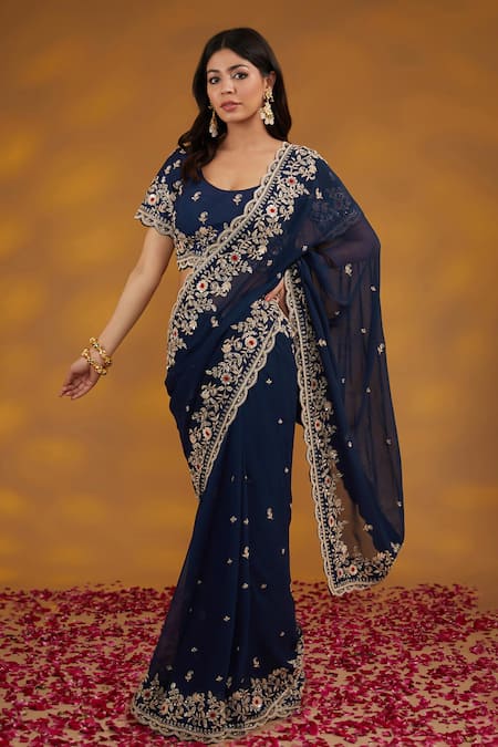 House Of Supriya_Blue Silk, Georgette Embroidery, Tassels Scoop Floral Hand Saree With Blouse _Online_at_Aza_Fashions