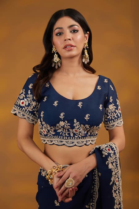 Shop_House Of Supriya_Blue Silk, Georgette Embroidery, Tassels Scoop Floral Hand Saree With Blouse _Online_at_Aza_Fashions