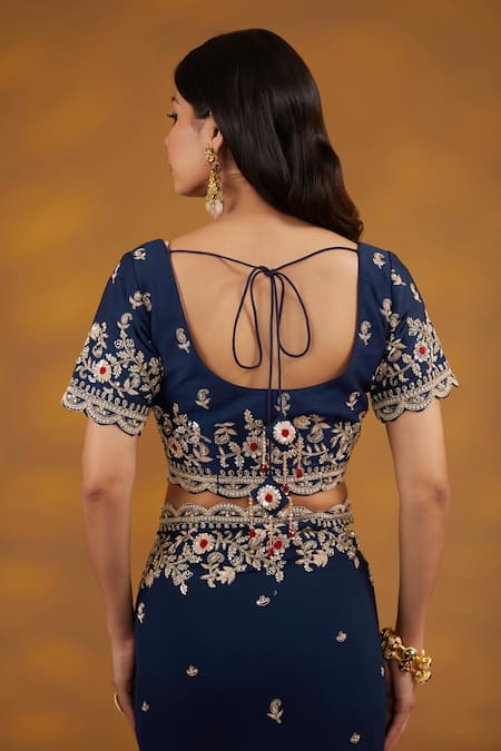 House Of Supriya_Blue Silk, Georgette Embroidery, Tassels Scoop Floral Hand Saree With Blouse _at_Aza_Fashions