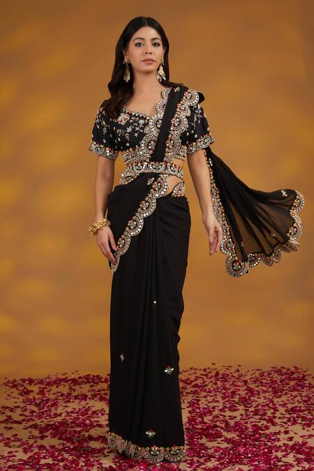 House Of Supriya_Black Georgette, Silk Embroidery, Tassels, Floral Scalloped Saree With Blouse _Online_at_Aza_Fashions