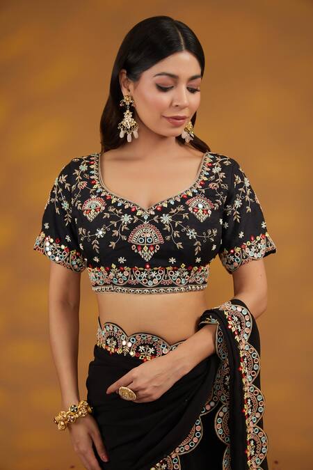 Buy_House Of Supriya_Black Georgette, Silk Embroidery, Tassels, Floral Scalloped Saree With Blouse _Online_at_Aza_Fashions