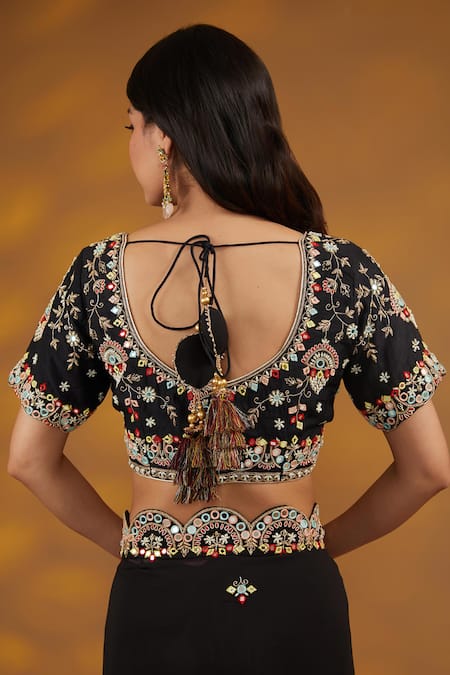 Shop_House Of Supriya_Black Georgette, Silk Embroidery, Tassels, Floral Scalloped Saree With Blouse _Online_at_Aza_Fashions