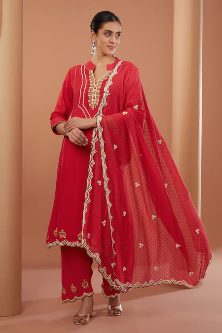 House Of Supriya_Red Georgette, Denim Embroidery, Zari Bandeau Neck Floral Hand Kurta Set _Online_at_Aza_Fashions