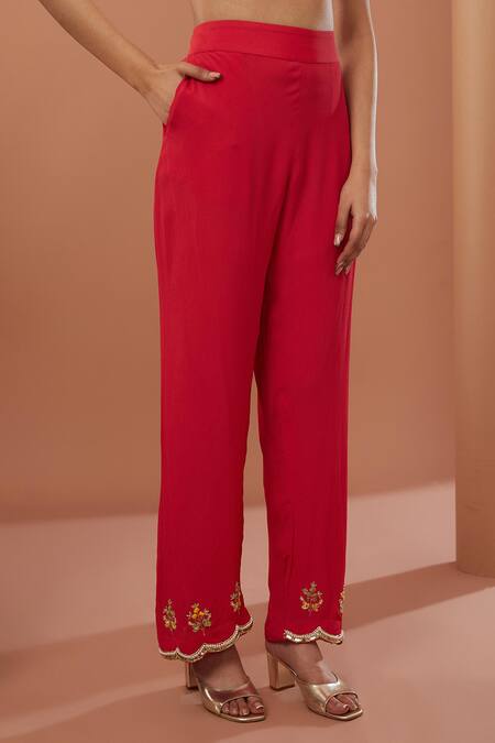 Buy_House Of Supriya_Red Georgette, Denim Embroidery, Zari Bandeau Neck Floral Hand Kurta Set _Online_at_Aza_Fashions