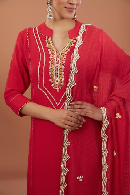 Shop_House Of Supriya_Red Georgette, Denim Embroidery, Zari Bandeau Neck Floral Hand Kurta Set _Online_at_Aza_Fashions