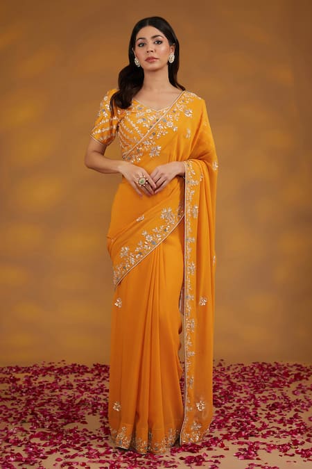 HOUSE OF SUPRIYA Yellow Saree Georgette Hand Embroidered Floral V Neck Flower With Blouse 