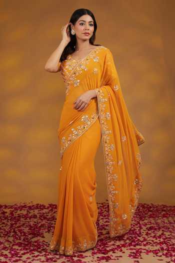 House Of Supriya_Yellow Georgette, Silk Embroidery, Gota Patti, Tassels Flower Saree With Blouse _Online_at_Aza_Fashions
