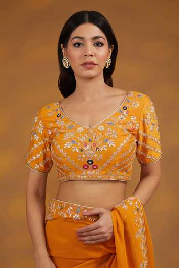 Buy_House Of Supriya_Yellow Georgette, Silk Embroidery, Gota Patti, Tassels Flower Saree With Blouse _Online_at_Aza_Fashions