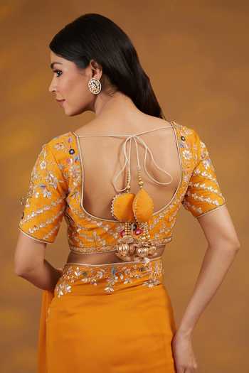 Shop_House Of Supriya_Yellow Georgette, Silk Embroidery, Gota Patti, Tassels Flower Saree With Blouse _Online_at_Aza_Fashions