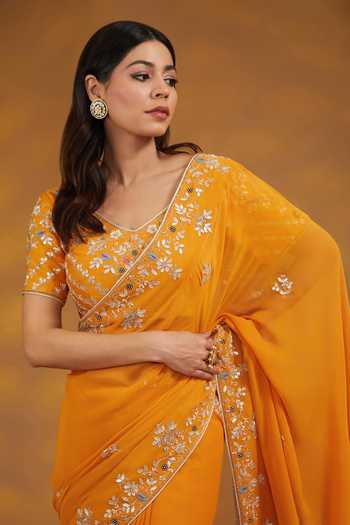 House Of Supriya_Yellow Georgette, Silk Embroidery, Gota Patti, Tassels Flower Saree With Blouse _at_Aza_Fashions