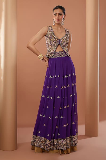 House Of Supriya_Purple Silk Zari, Embroidery V-neck Floral Lehenga And Koti Blouse Set _Online_at_Aza_Fashions