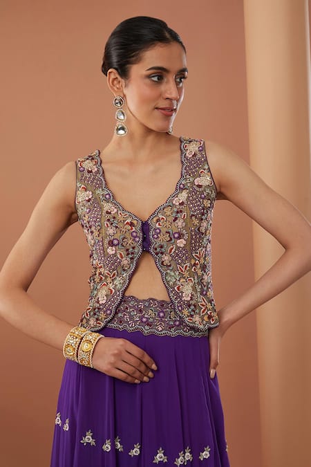 Shop_House Of Supriya_Purple Silk Zari, Embroidery V-neck Floral Lehenga And Koti Blouse Set _Online_at_Aza_Fashions
