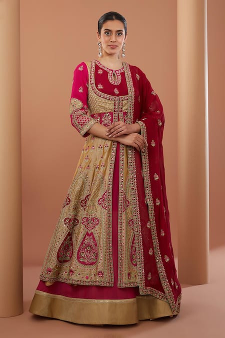 HOUSE OF SUPRIYA Red Silk Georgette Hand Embroidered Floral Keyhole Anarkali With Dupatta 