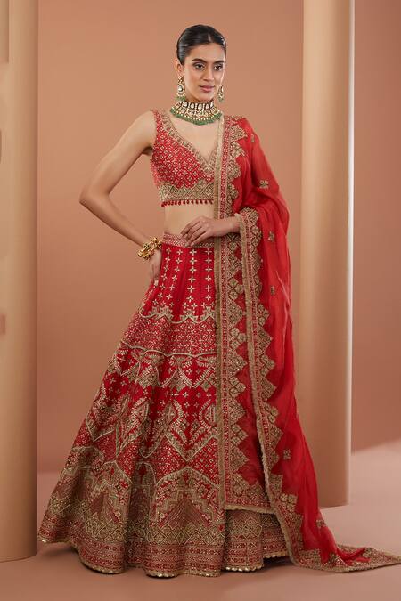 House Of Supriya Red Silk Organza, Silk, Cotton Beads, Zari Bahar Embroidered Bridal Lehenga Set Online at Aza Fashions House Of Supriya_Red Silk Organza, Silk, Cotton Beads, Zari Bahar Embroidered Bridal Lehenga Set _Online_at_Aza_Fashions