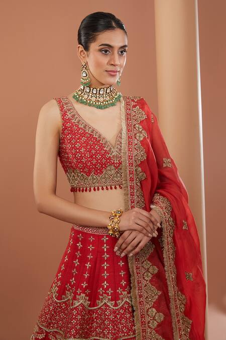 Shop House Of Supriya Red Silk Organza, Silk, Cotton Beads, Zari Bahar Embroidered Bridal Lehenga Set Online at Aza Fashions Shop_House Of Supriya_Red Silk Organza, Silk, Cotton Beads, Zari Bahar Embroidered Bridal Lehenga Set _Online_at_Aza_Fashions