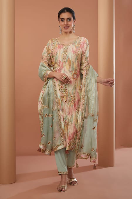 HOUSE OF SUPRIYA Haze Print Bloom Embroidered Kurta Pant Set 