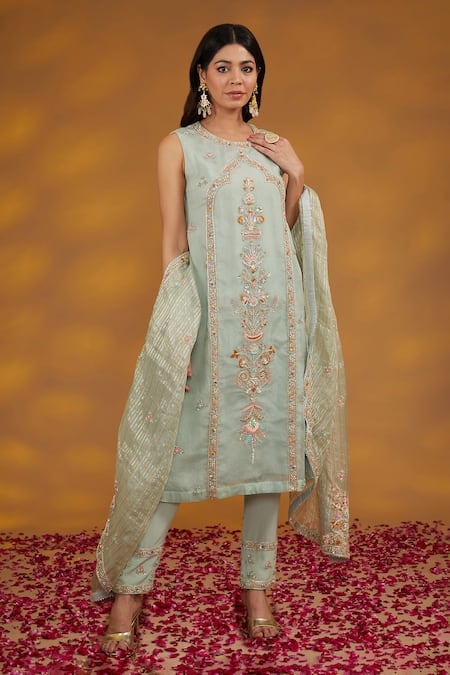 House Of Supriya Blue Organza, Sequins, Beads, Mughal Jharokha Zardozi Kurta Pant Set Online at Aza Fashions House Of Supriya_Blue Organza, Sequins, Beads, Mughal Jharokha Zardozi Kurta Pant Set _Online_at_Aza_Fashions