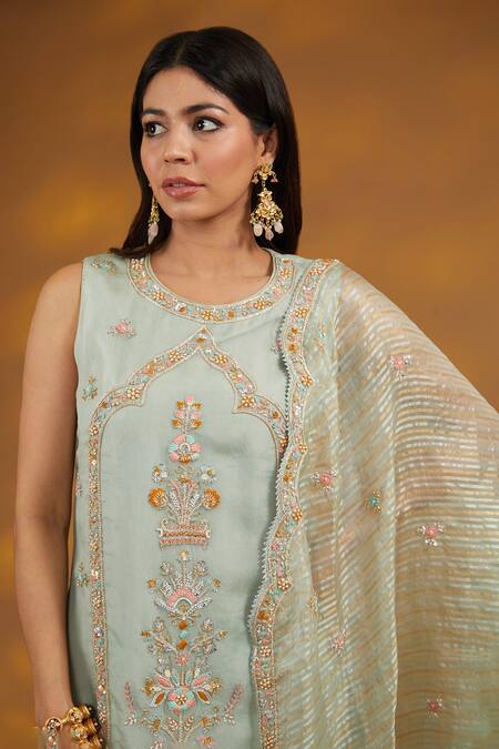 Shop House Of Supriya Blue Organza, Sequins, Beads, Mughal Jharokha Zardozi Kurta Pant Set Online at Aza Fashions Shop_House Of Supriya_Blue Organza, Sequins, Beads, Mughal Jharokha Zardozi Kurta Pant Set _Online_at_Aza_Fashions