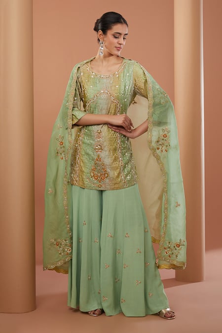 HOUSE OF SUPRIYA Green Kurta Printed Silk Chanderi Phool Zardozi Embroidered Sharara Set 