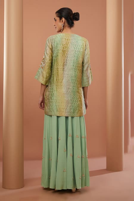 Shop House Of Supriya Green Silk, Chanderi, Honeycomb Phool Zardozi Embroidered Kurta Sharara Set at Aza Fashions Shop_House Of Supriya_Green Silk, Chanderi, Honeycomb Phool Zardozi Embroidered Kurta Sharara Set _at_Aza_Fashions