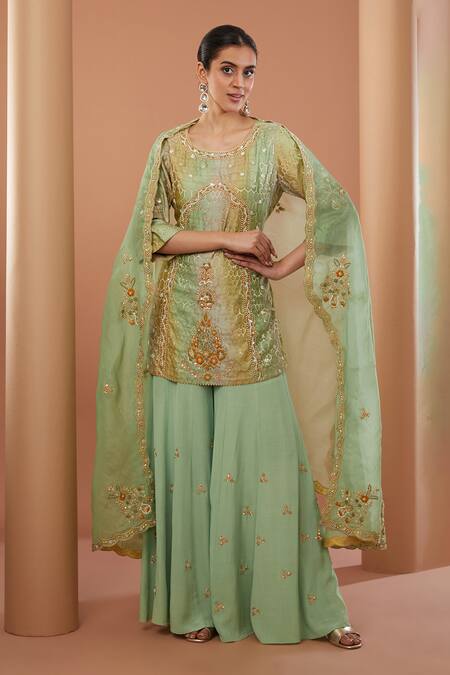 House Of Supriya Green Silk, Chanderi, Honeycomb Phool Zardozi Embroidered Kurta Sharara Set Online at Aza Fashions House Of Supriya_Green Silk, Chanderi, Honeycomb Phool Zardozi Embroidered Kurta Sharara Set _Online_at_Aza_Fashions