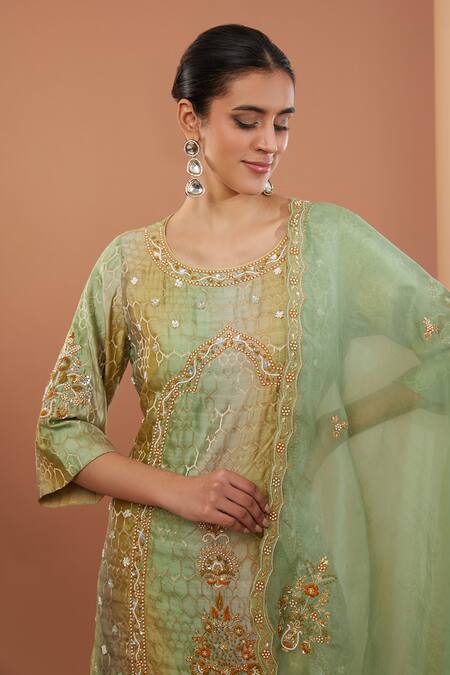 Shop House Of Supriya Green Silk, Chanderi, Honeycomb Phool Zardozi Embroidered Kurta Sharara Set Online at Aza Fashions Shop_House Of Supriya_Green Silk, Chanderi, Honeycomb Phool Zardozi Embroidered Kurta Sharara Set _Online_at_Aza_Fashions