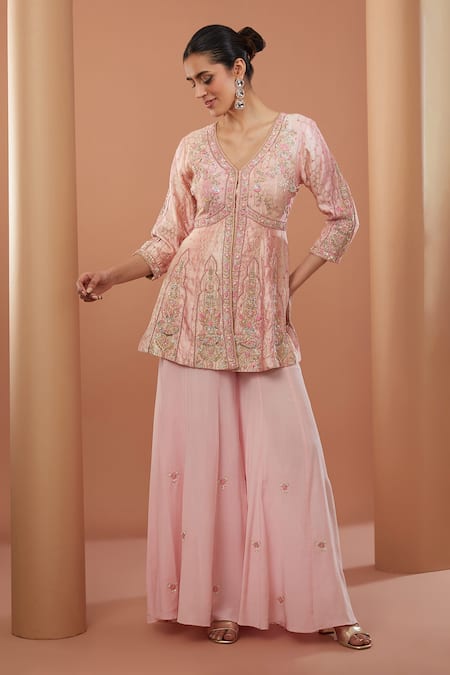 HOUSE OF SUPRIYA Peach Kurta Silk Printed Chanderi Embroidery Zardozi V Gullista With Sharara 