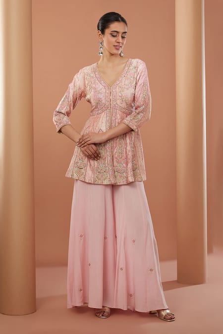House Of Supriya Peach Silk, Chanderi, Crepe Embroidery Gullista Zardozi Kurta With Sharara Online at Aza Fashions House Of Supriya_Peach Silk, Chanderi, Crepe Embroidery Gullista Zardozi Kurta With Sharara _Online_at_Aza_Fashions