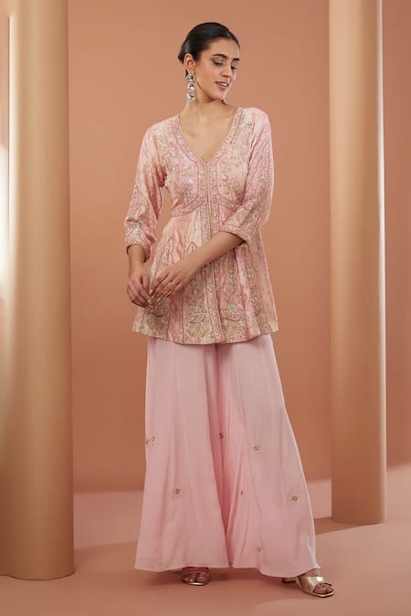 Buy House Of Supriya Peach Silk, Chanderi, Crepe Embroidery Gullista Zardozi Kurta With Sharara Online at Aza Fashions Buy_House Of Supriya_Peach Silk, Chanderi, Crepe Embroidery Gullista Zardozi Kurta With Sharara _Online_at_Aza_Fashions