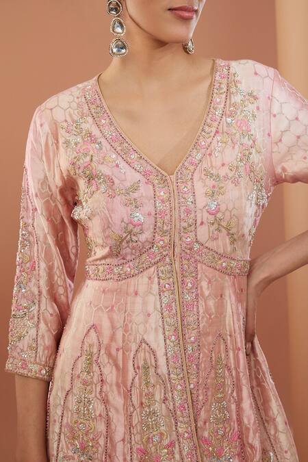 House Of Supriya Peach Silk, Chanderi, Crepe Embroidery Gullista Zardozi Kurta With Sharara at Aza Fashions House Of Supriya_Peach Silk, Chanderi, Crepe Embroidery Gullista Zardozi Kurta With Sharara _at_Aza_Fashions
