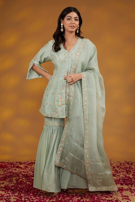 HOUSE OF SUPRIYA Blue Kurta And Dupatta Silk Organza Embroidery Zardozi V Gardenia Sharara Set 